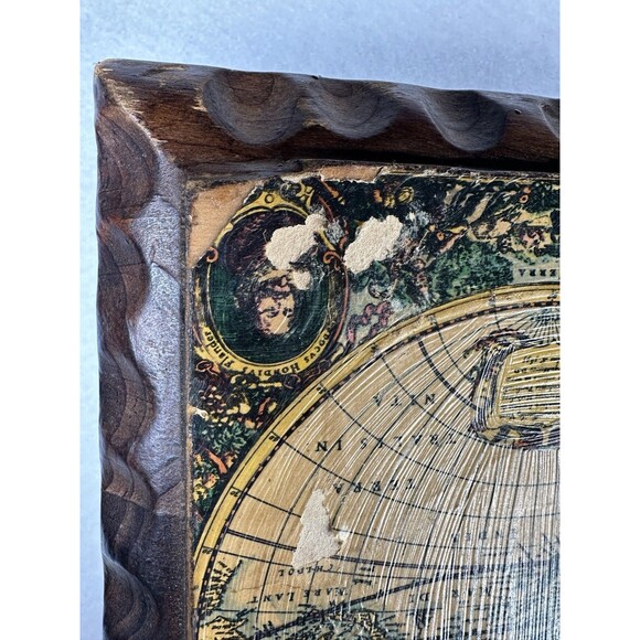 Vintage Carved Wood Box Hinged Lid Old World Map Folk Art Spain 7.75 W 1960’s - Picture 6 of 12